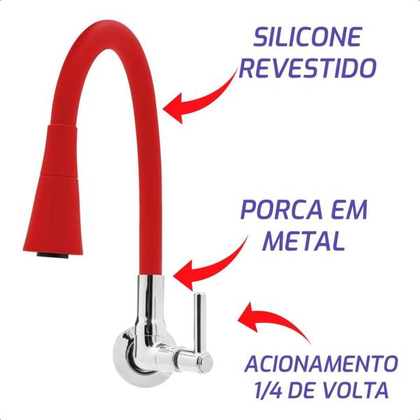 Imagem de Torneira de Parede para Pia de Cozinha Bica Cone Vermelho Flexível Inox Chuveirinho Volante de Metal