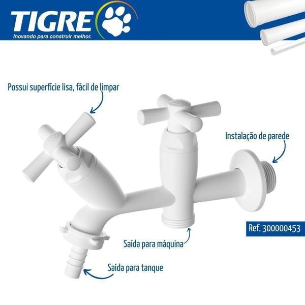 Imagem de Torneira De Parede Para Tanque/Máquina De Lavar Bica Baixa 1/2 E 3/4 Cross Branca Tigre