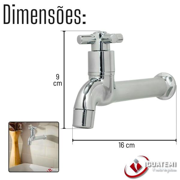 Torneira De Pia Parede Tanque Area De Serviço Longa 100% ABS Cromado De 16 cm 1/4" De Volta Mecanismo Com Arejador Iguatemi Imagem de Torneira De Pia Parede Tanque Area De Serviço Longa 100% ABS Cromado De 16 cm 1/4" De Volta Mecanismo Com Arejador Iguatemi