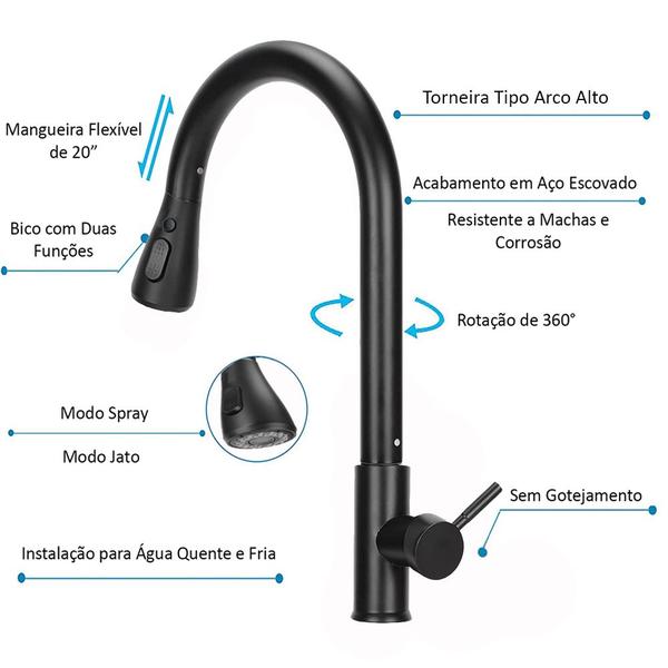 Imagem de Torneira De Puxar Preta Monocomando para Cozinha Para Pia Alta Com Bico Extensivo 50cm Misturador 2 Modos + Temperatura Fria e Quente