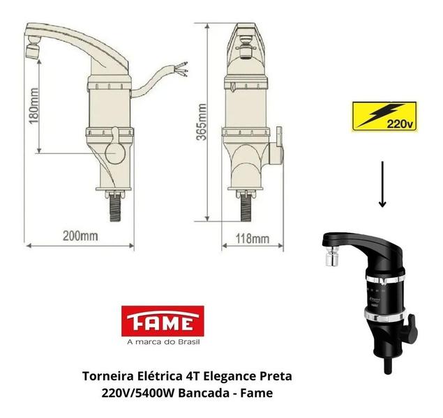 Torneira Elétrica 4T Elegance Preta 220V/5400W Bancada - FAME Imagem de Torneira Elétrica 4T Elegance Preta 220V/5400W Bancada - FAME