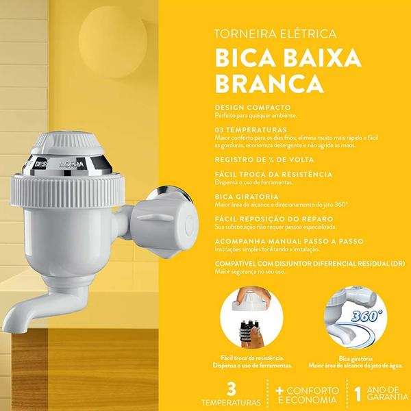 Torneira Elétrica Bica Baixa 127V 4400W Branca Sintex Imagem de Torneira Elétrica Bica Baixa 127V 4400W Branca Sintex