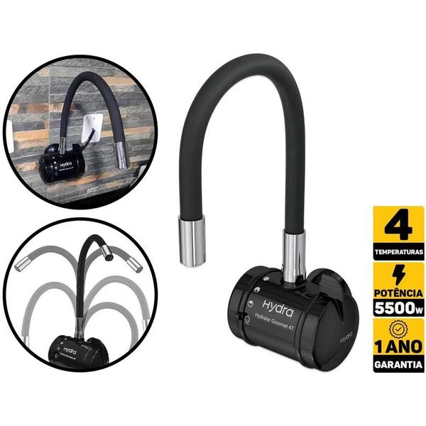 Torneira Elétrica Hydralar Gourmet Parede 4T Bica Alta Flex Preta Hydra Imagem de Torneira Elétrica Hydralar Gourmet Parede 4T Bica Alta Flex Preta Hydra