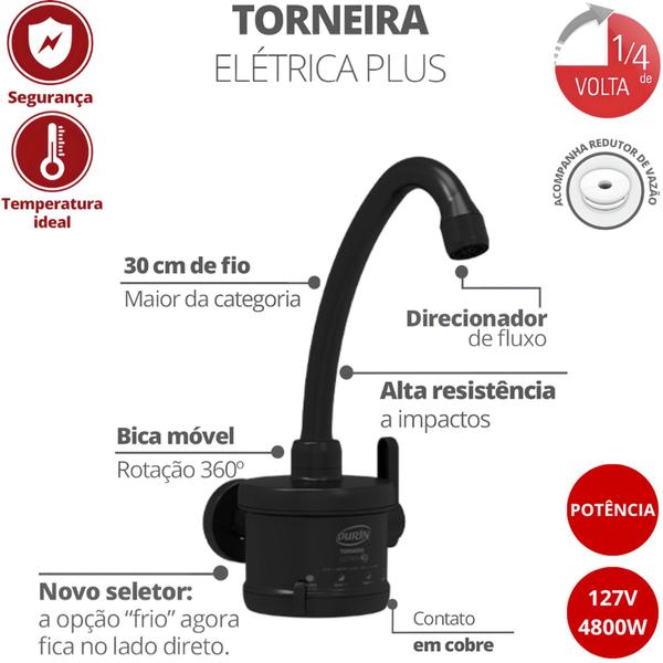 Imagem de Torneira Elétrica Para Cozinha Bica Alta 4 Temperaturas 4800W/127V Preto Durín