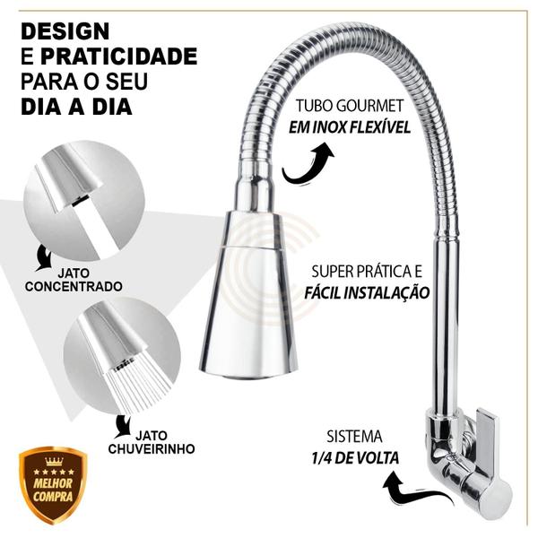 Imagem de Torneira Flexível Cozinha Parede Jato Duplo Cone Cromado Abs C-70 Cód. 6700