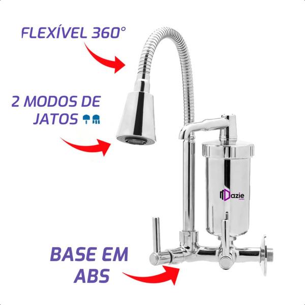 Imagem de Torneira Gourmet Bica Cone Flexível Inox Chuveirinho com Filtro Cozinha Pia Parede 1/4 de Volta