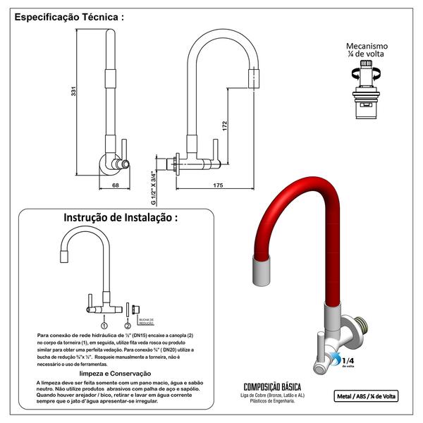 Imagem de Torneira Gourmet Flexível de Cozinha Parede Vermelha Del Metais