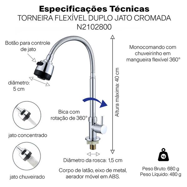 Imagem de Torneira gourmet flexivel duplo jato prata