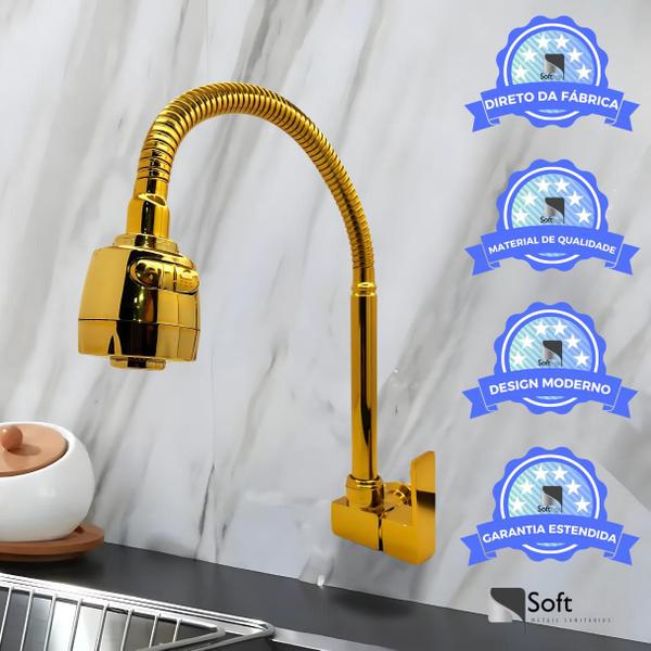 Imagem de Torneira Gourmet Full Gold 2 Jatos Base Metal De Parede Para Cozinha