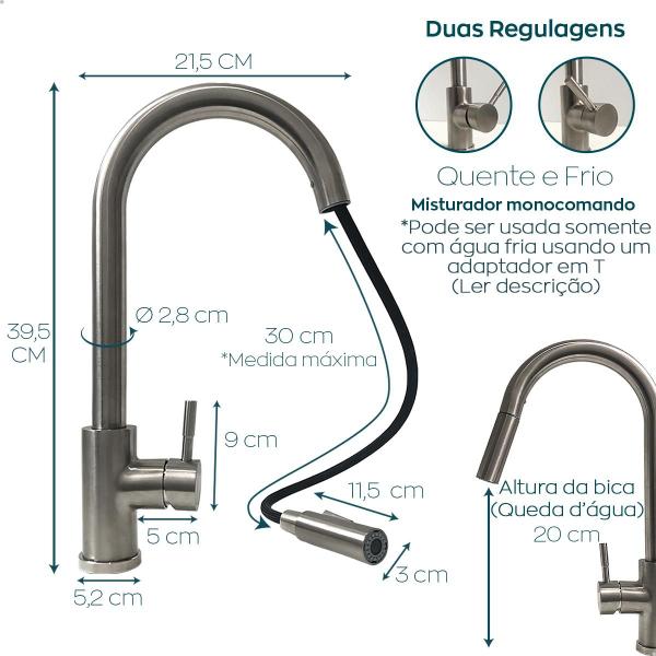 Imagem de Torneira Gourmet Monocomando De Cozinha Escovado Aço Inox 304 Misturador Pia Bica Alta Quente Frio Bico Arejador Extensivel Flexível Bancada Ilha