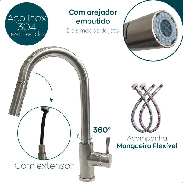 Imagem de Torneira Gourmet Monocomando De Cozinha Escovado Aço Inox 304 Misturador Pia Bica Alta Quente Frio Bico Arejador Extensivel Flexível Bancada Ilha