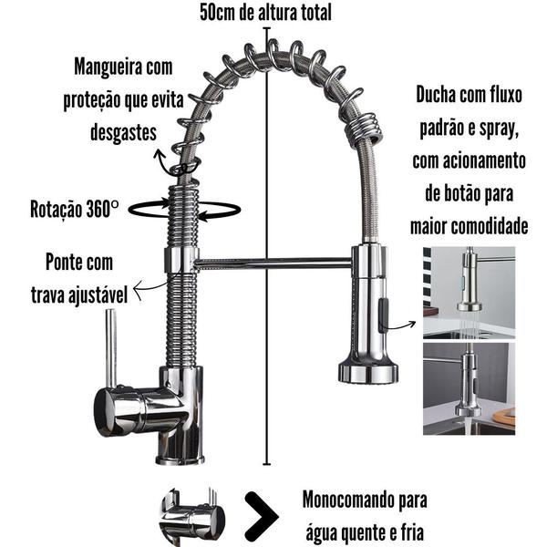 Imagem de Torneira Gourmet para Cozinha Bancada Monocomando Extensível com Acionamento de Botão Inox Cromada