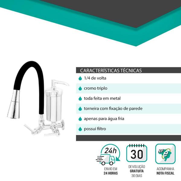 Torneira gourmet parede 2 jatos silicone - preto/cromo - Bruno Acabamentos Imagem de Torneira gourmet parede 2 jatos silicone - preto/cromo