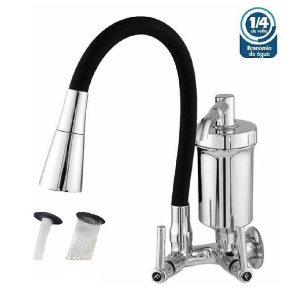 Torneira gourmet parede 2 jatos silicone - preto/cromo - Bruno Acabamentos Imagem de Torneira gourmet parede 2 jatos silicone - preto/cromo