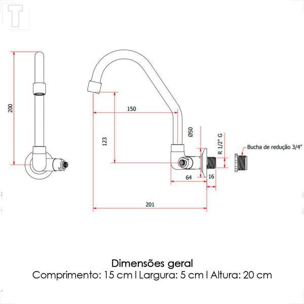 Imagem de Torneira kimetais 1068 c32 cozinha parede bica movel 1/4v way