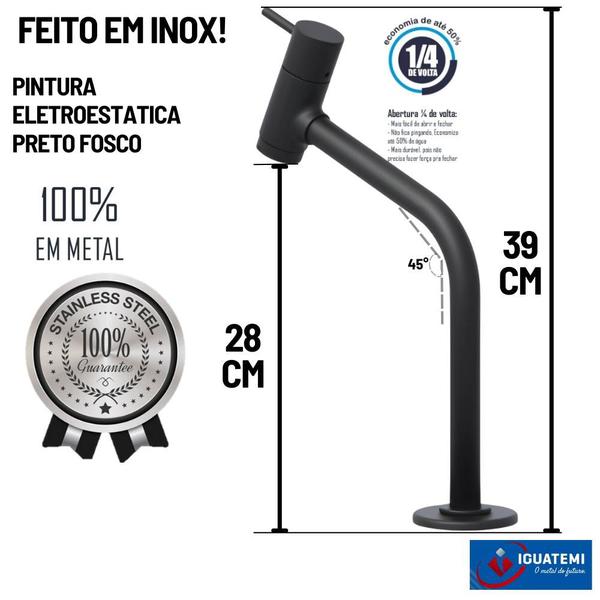 Imagem de Torneira Lavatorio Media Curva 39cm Mesa Banheiro Mono Comando Inox Black Preto Fosco 1/4 V Iguatemi