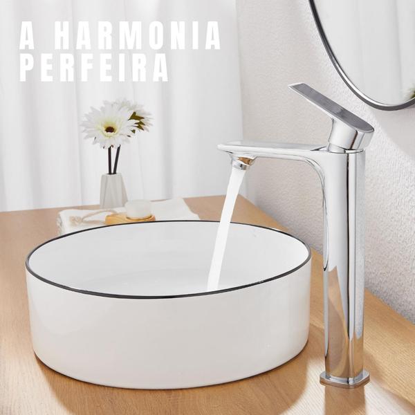 Torneira Longa Quente e Fria Monocomando Lavabo Cuba Cromada Elegante - TKLA Imagem de Torneira Longa Quente e Fria Monocomando Lavabo Cuba Cromada Elegante