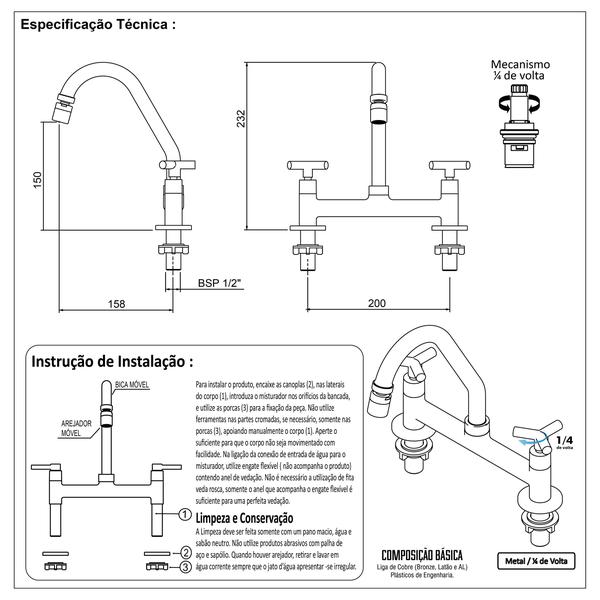 Imagem de Torneira Misturador Cozinha Mesa Bancada Cromado Quente e Fria Luxo 1/4 de Volta