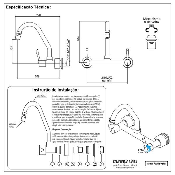 Imagem de Torneira Misturador Cozinha Parede 1/4 De Volta C62