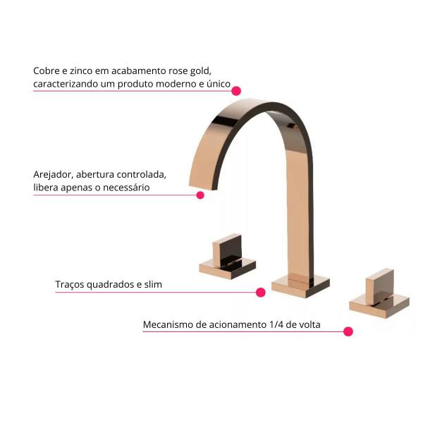 Imagem de Torneira Misturador Duplo Comando Rose Gold Quadrada Para Banheiro Lavabo Inovartte IN48