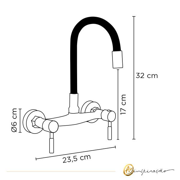 Imagem de Torneira Misturador Flexível Cozinha Parede Comando Duplo 1/4 De Volta Cromado Com Preto