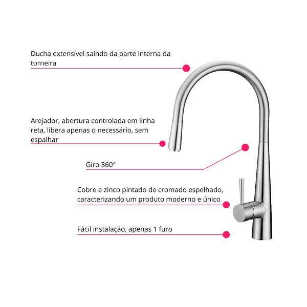 Imagem de Torneira Monocomando Cromada Cozinha Área Gourmet Ducha Regulável Extensor 47cm Inovartte IN15