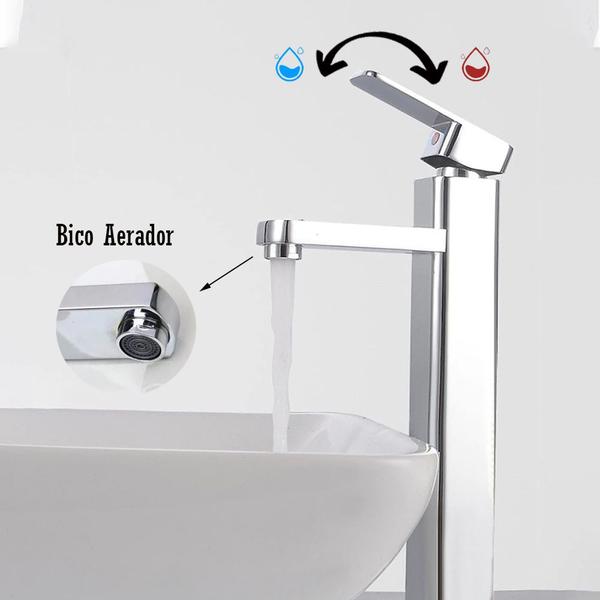 Imagem de Torneira Para Banheiro Luxo Cromada Inox Para Banheiro Lavatorio Lavabo Cuba Misturador Monocomando Bica Alta com Aerador + Kit Mangueiras