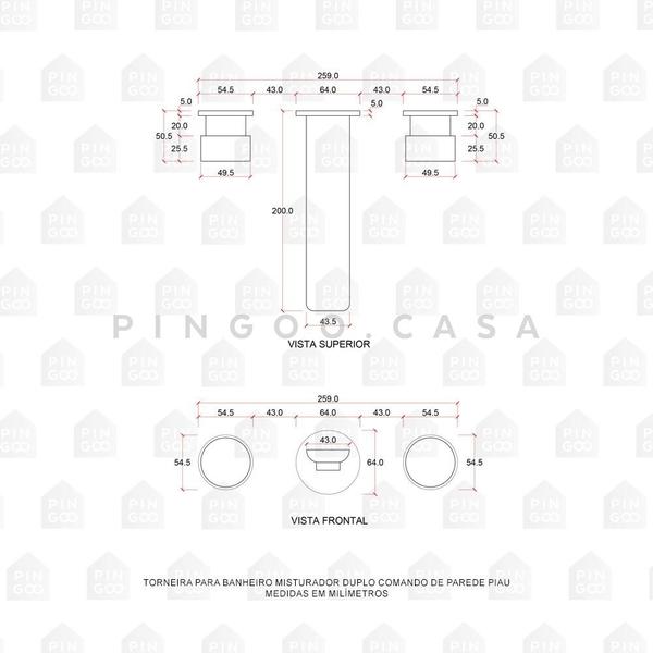 Imagem de Torneira Para Banheiro Misturador Duplo Comando de Parede Piau Pingoo.casa - Prata