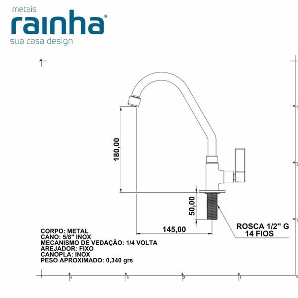 Imagem de Torneira Para Cozinha Cano Alto Light C/ Arejador Fixo 1/4 de Volta Bancada Rainha Metais