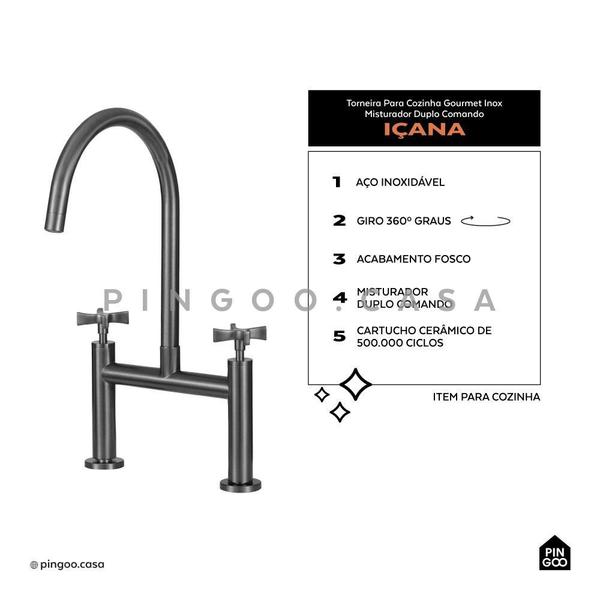 Imagem de Torneira Para Cozinha Gourmet Misturador Duplo Comando Aço Inox 304 Içana Pingoo.casa - Cinza