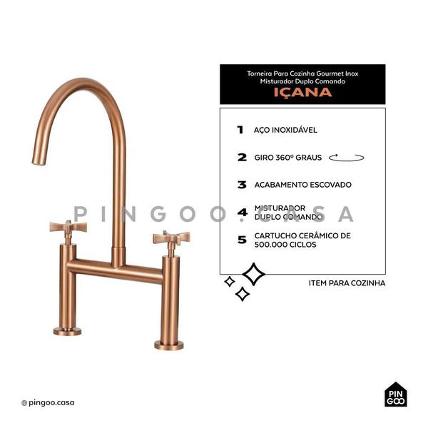 Torneira Para Cozinha Gourmet Misturador Duplo Comando Aço Inox 304 Içana Pingoo.casa - Dourado Rose Imagem de Torneira Para Cozinha Gourmet Misturador Duplo Comando Aço Inox 304 Içana Pingoo.casa - Dourado Rose