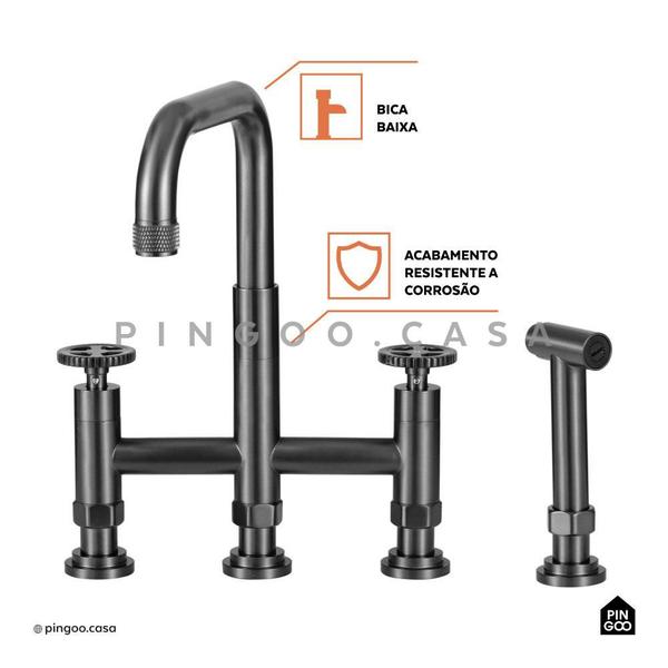 Imagem de Torneira Para Cozinha Gourmet Misturador Extensível Duplo Comando Aço Inox 304 Jutaí Pingoo.casa - Cinza