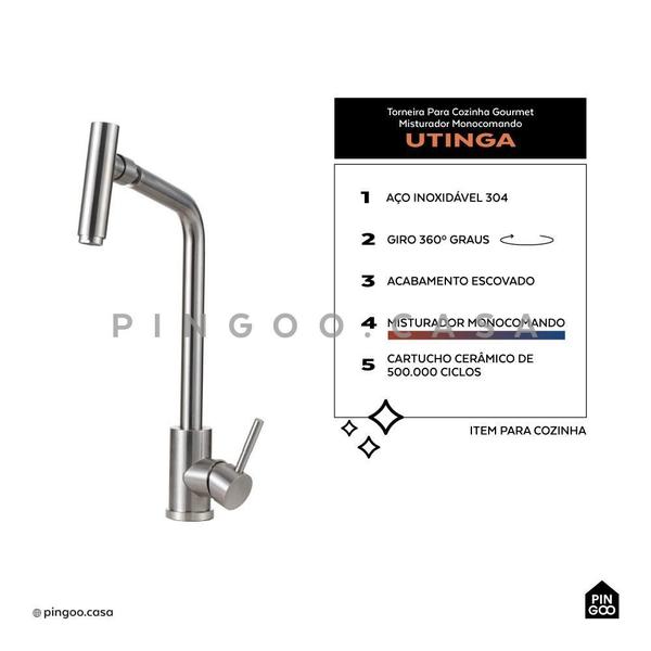 Imagem de Torneira Para Cozinha Gourmet Misturador Monocomando Aço Inox 304 Utinga Pingoo.casa - Prata Escovado