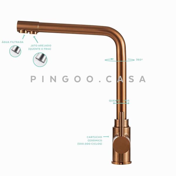 Imagem de Torneira Para Cozinha Misturador Monocomando Entrada Para Filtro Aço Inox 304 Pojuca Pingoo.casa - Dourado Rose Escovado