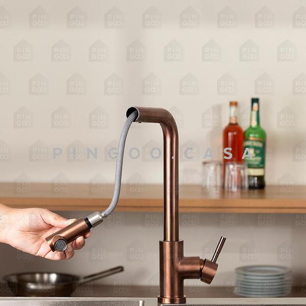 Imagem de Torneira Para Cozinha Misturador Monocomando Extensível Aço Inox 304 Gurupi Pingoo.casa Dourado Rose Escovado