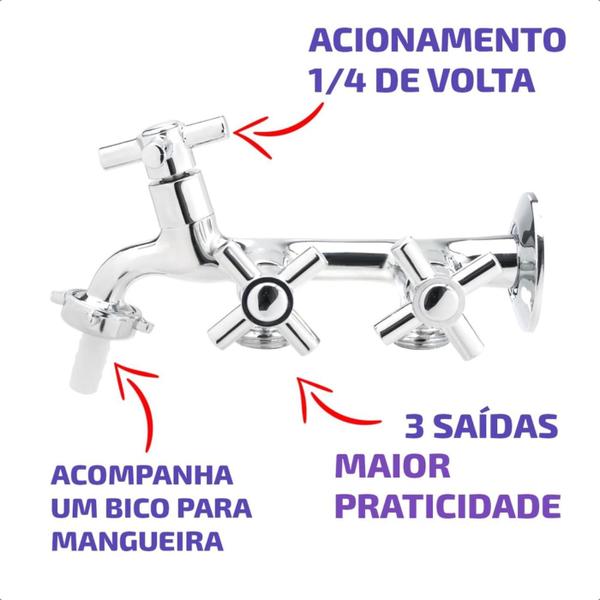 Imagem de Torneira para Tanque ou Máquina de Lavar com 3 Saídas e Bico para Mangueira Metal Parede C33