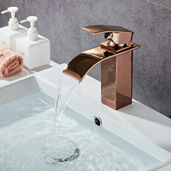 Torneira Pia Banheiro Cascata Misturador Monocomando Cuba Luxo Quente e Frio Metal Rosé - Shoyyi Imagem de Torneira Pia Banheiro Cascata Misturador Monocomando Cuba Luxo Quente e Frio Metal Rosé