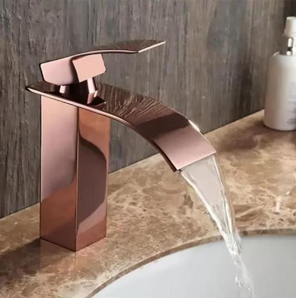 Torneira Pia Banheiro Cascata Misturador Monocomando Cuba Luxo Quente e Frio Metal Rosé - Shoyyi Imagem de Torneira Pia Banheiro Cascata Misturador Monocomando Cuba Luxo Quente e Frio Metal Rosé