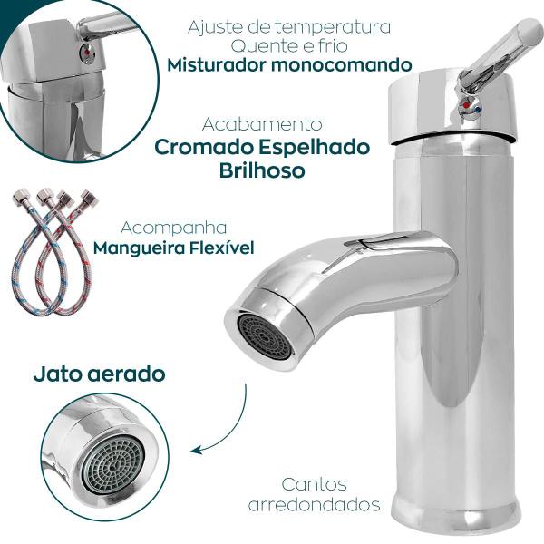 Imagem de Torneira Pia Banheiro Inox Cromado Monocomando Bica Baixa Inox 304 Cuba Lavabo Bancada Misturador Quente e Frio Torneira Lavatorio Brilhoso Espelhado