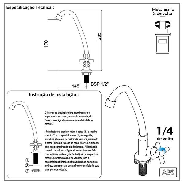 Imagem de Torneira Pia Cozinha Mesa Bica Móvel Arejador Branco 1/4 Abs