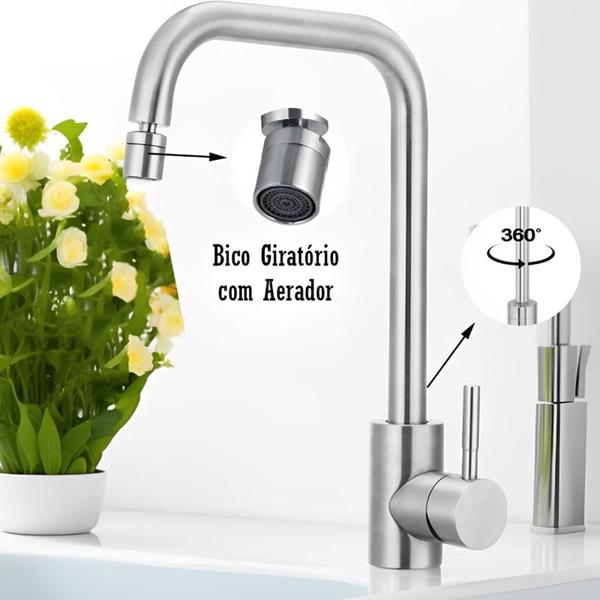 Imagem de Torneira Preta Prata em Aço Inox Misturador Monocomando para Cozinha Gourmet Bancada Pia + Kit Instalação