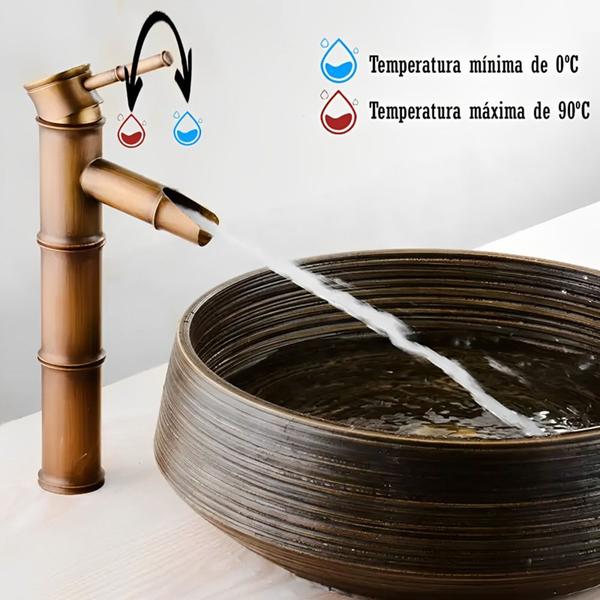 Imagem de Torneira Retro Vintage Bambu Acabamento Bronze Cobre Misturador Monocomando Água Quente e Fria Bica Alta Para Banheiro de Luxo Pia Bancada