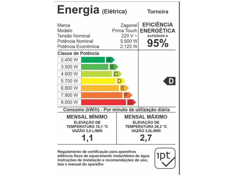 Imagem de Torneira  Zagonel Prima Touch  5500W  Quantidade de Temperaturas Preto