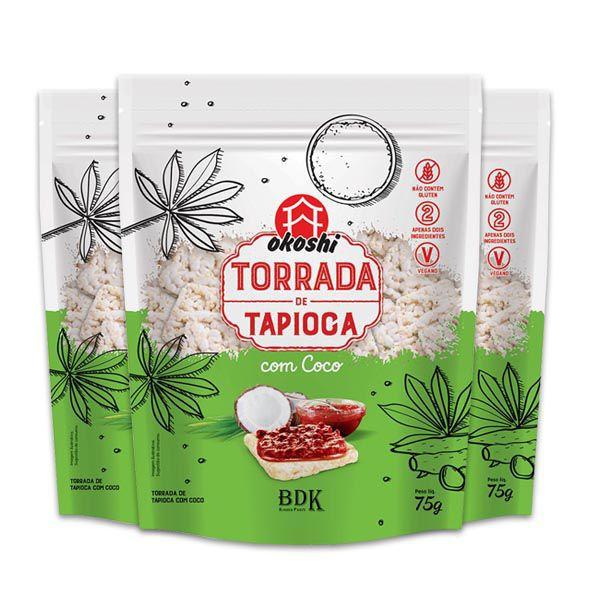 Torrada de Tapioca com Coco Sem Glúten, Vegano Okoshi contendo 3 pacotes de 75g cada Imagem de Torrada de Tapioca com Coco Sem Glúten, Vegano Okoshi contendo 3 pacotes de 75g cada