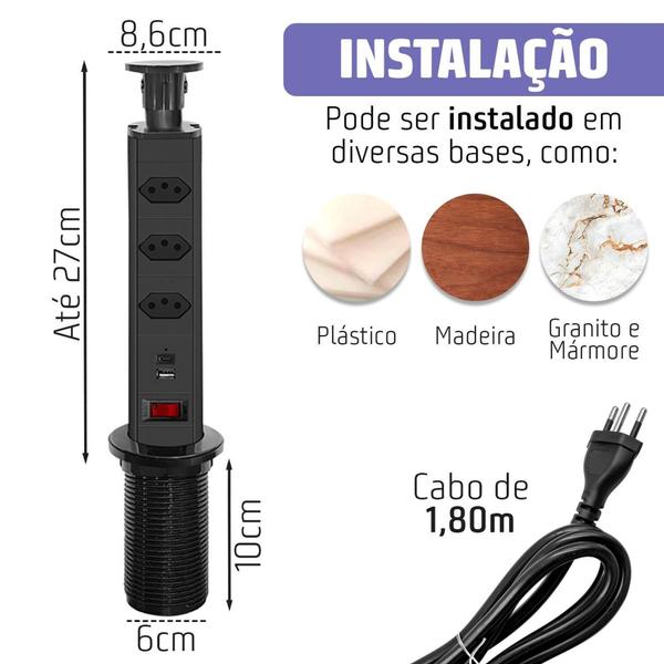 Imagem de Torre 3 Tomada 20a Bancada Retrátil Embutir Usb e Tipo-c - B-MAX