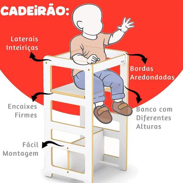 Imagem de Torre de aprendizagem montessori Banco cadeira 4 em 1 de Madeira Inmetro