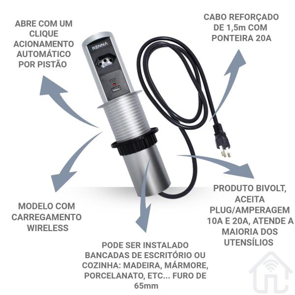 Imagem de Torre de Tomada Automática 1 Tomada + 2 USB + Carregamento Wireless