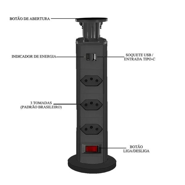 Imagem de Torre De Tomada Bancada Embutir Retrátil Usb 3 Tomadas Preto