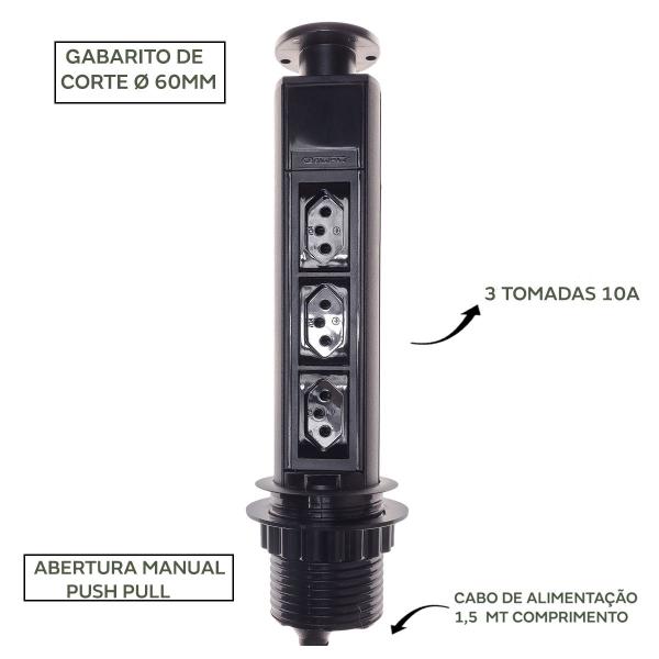 Imagem de Torre de tomada mini totem manual 3 tomadas 10a preto qtmov