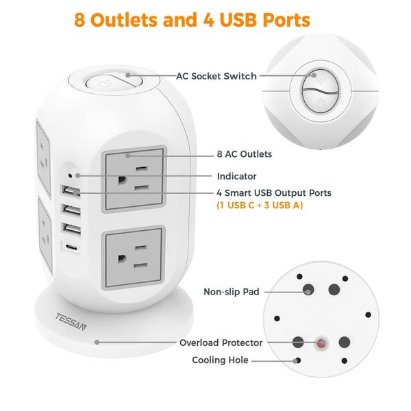 Imagem de Torre Power Strip TESSAN com 8 tomadas AC, 4 portas USB, cabo de 10 pés